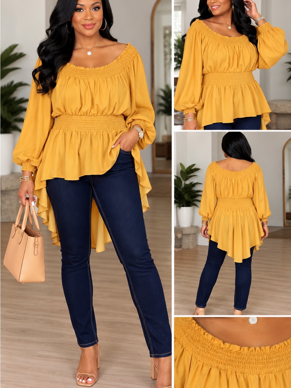 Mustard Yellow High-Low Peplum Blouse with Dark Blue Denim Jeans COMPLETE OUTFIT